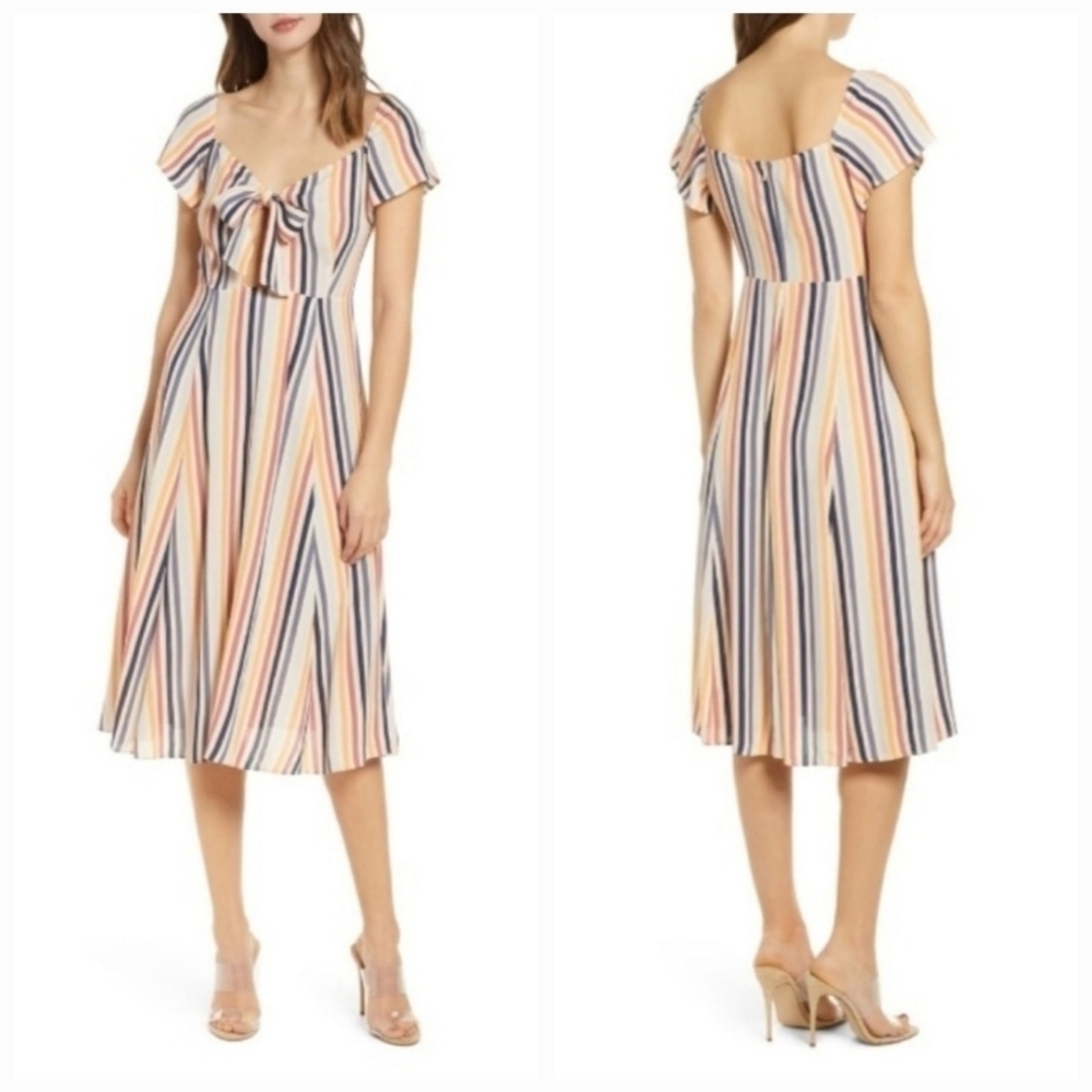 Leith Flutter Sleeve Multicolored Stripe Cutout Tie Front Dress